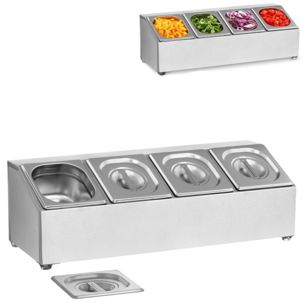 Ekspozytor stojak na pojemniki gastronomiczne 4 x GN1/6 + 4 x Pojemniki 1 10011183 ekspozytor do pojemnikow gn1 6 z zywnoscia dodatkami stalowy sklep lubuskie cena royal catering