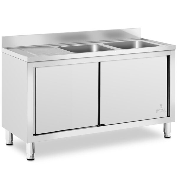 Zlew basen gastronomiczny dwukomorowy z szafką z drzwiami przesuwnymi 140 x 70 x 95 cm 1 10012134 1