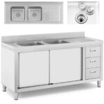 10012137 zlew basen gastronomiczny dwukomorowy z szafka z drzwiami przesuwnymi szufladami stalowy 160 x 60 x 95 cm ean 4062859020680 hurtownia zielona gora