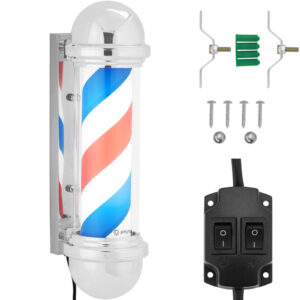 Słupek szyld fryzjerski barberski barber pole obrotowy podświetlany 30 cm - srebrny 7 Słupek szyld fryzjerski barberski barber pole obrotowy podświetlany 30 cm - srebrny - obrazek 1