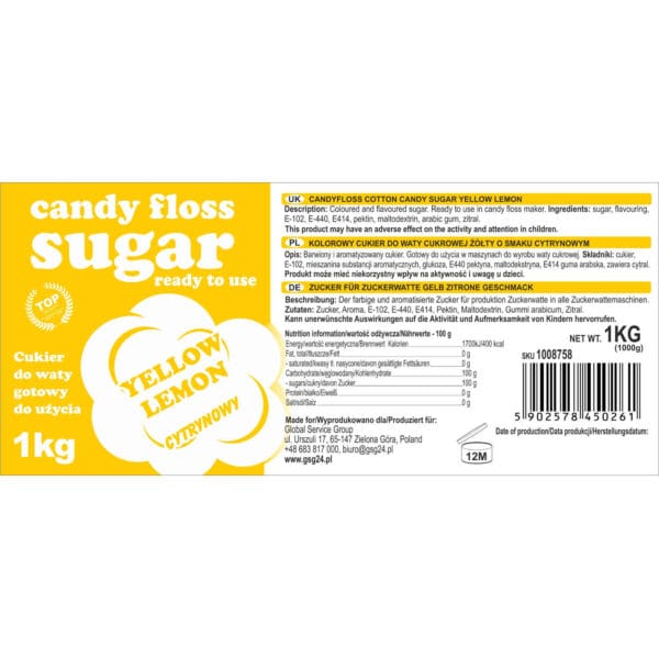 Kolorowy cukier do waty cukrowej żółty o smaku cytrynowym 1kg 2 1008758 5902578450261 kolorowy cukier do waty cukrowej candy floss sugar producent hurtownia