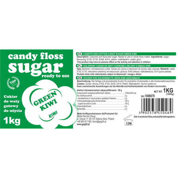 Kolorowy cukier do waty cukrowej zielony o smaku kiwi 1kg 1 1008878 smakowy kolorowy cukier do waty cukrowej zielony o smaku kiwiowym 1kg hurtownia producent