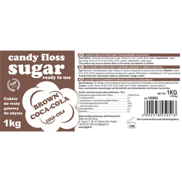 Kolorowy cukier do waty cukrowej brązowy o smaku coca-coli 1kg 2 1008883 kolorowy smakowy cukier do waty cukrowej brazowy o smaku coca coli 1kg hurtownia producent