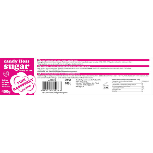 Kolorowy cukier do waty cukrowej różowy o smaku malinowym 400g 1 1009196 1 etykieta cukier do waty cukrowej rozowy o smaku malinowym 400g producent hurtownia