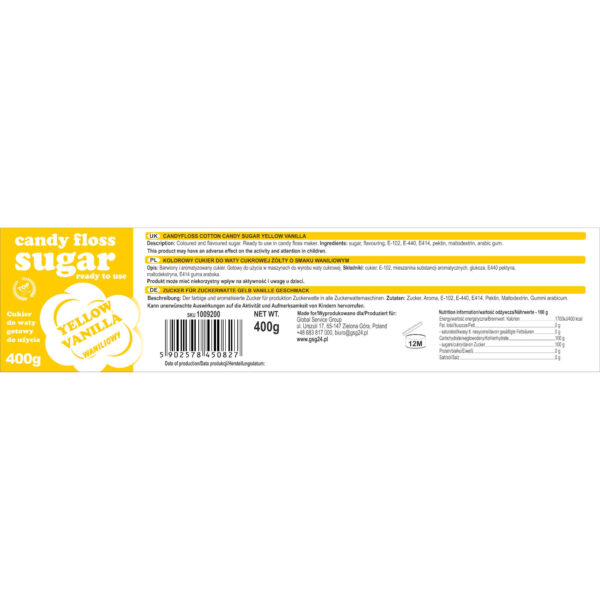 Kolorowy cukier do waty cukrowej żółty o smaku waniliowym 400g 1 1009200 1 etykieta cukier do waty cukrowej zolty o smaku waniliowym 400g producent hurtownia