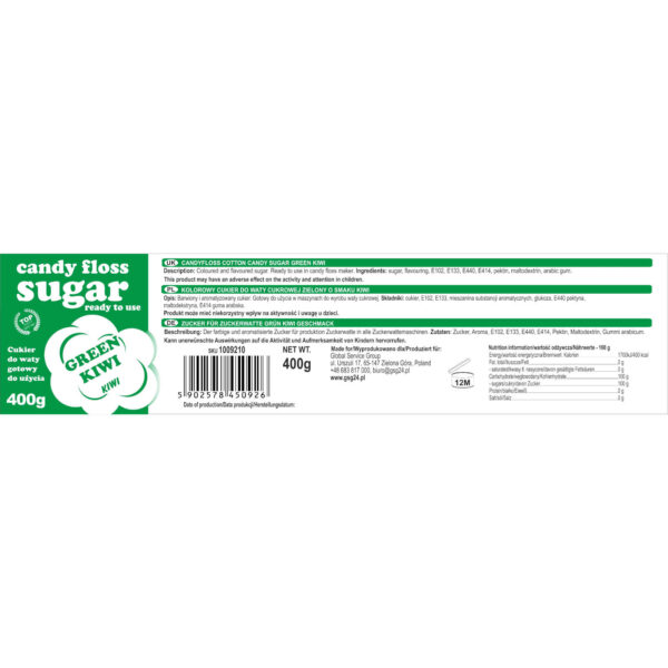 Kolorowy cukier do waty cukrowej zielony o smaku kiwi 400g 1 1009210 1 etykieta cukier do waty cukrowej zielony o smaku kiwi 400g producent hurtownia