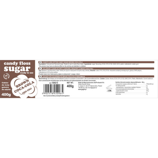 Kolorowy cukier do waty cukrowej brązowy o smaku coca-coli 400g 1 1009214 1 etykieta cukier do waty cukrowej brazowy o smaku coca coli 400g producent hurtownia