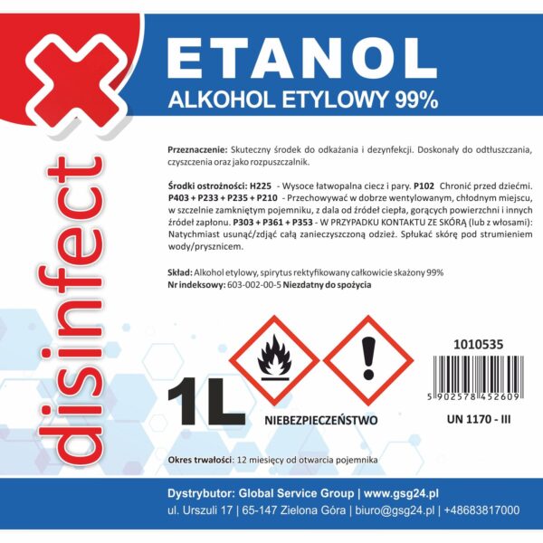 ETANOL - Alkohol etylowy skażony DISINFECT 99% 1L 1 1010535 1 etanol alkohol etylowy spirytus skazony producent hurtownia zielona gora
