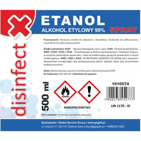 ETANOL - Alkohol etylowy skażony DISINFECT 99% spray 500ml 1 1010574 1 etanol alkohol etylowy w sprayu aerozolu producent hurtownia zielona gora