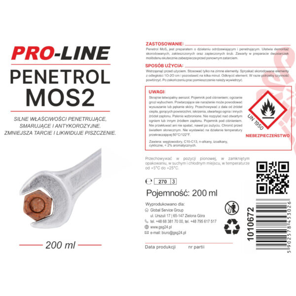 Odrdzewiacz silnie penetrujący PENETROL MoS2 PRO-LINE spray 200ml 1 1010672 odrdzewiacz penetrol do metali nakretek srob cena
