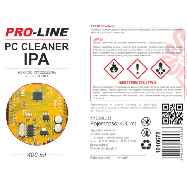 PC CLEANER IPA płyn do czyszczenia elektroniki PRO-LINE spray 400ml 1 1010678 plyn do czyszczenia elektroniki usuwajacy tluszcz brod dystrybutor