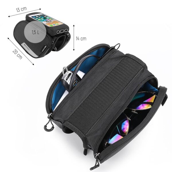 Torba rowerowa na ramę + odczepiany pokrowiec na telefon do 6.5"" 1.5l czarna 4 1016457 5 torba rowerowa na rame odczepiany pokr wozinsky hurtownia sklep