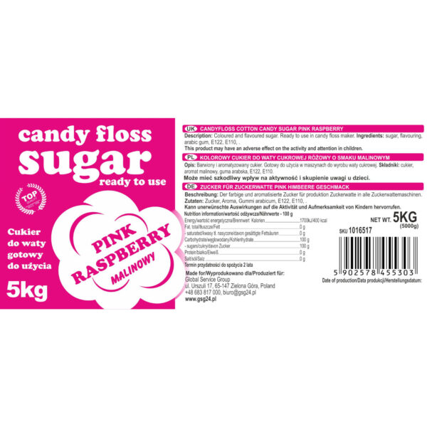 Kolorowy cukier do waty cukrowej czerwony o smaku malinowym 5kg 2 1016517 3