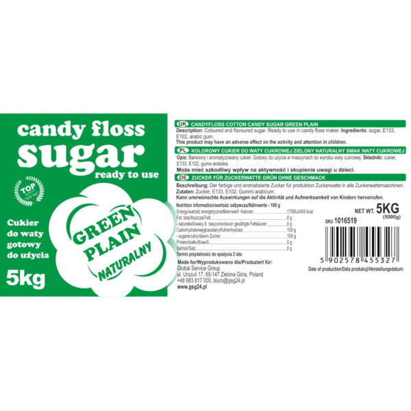 Kolorowy cukier do waty cukrowej zielony o smaku naturalnym 5kg 2 1016519 3