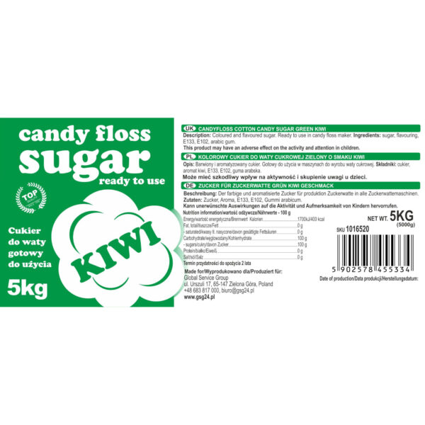 Kolorowy cukier do waty cukrowej zielony o smaku kiwi 5kg 2 1016520 3