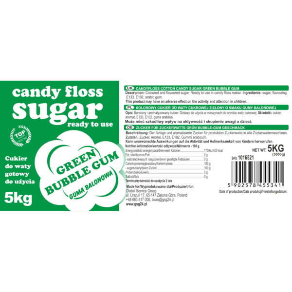 Kolorowy cukier do waty cukrowej zielony o smaku gumy balonowej 5kg 2 1016521 3