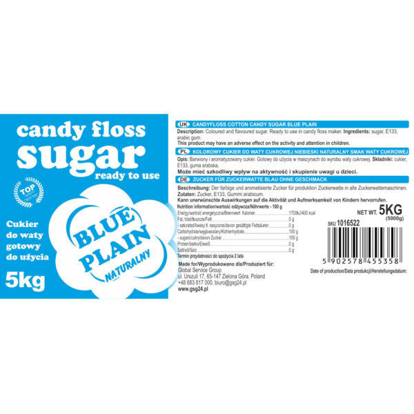 Kolorowy cukier do waty cukrowej niebieski o smaku naturalnym 5kg 2 1016522 3
