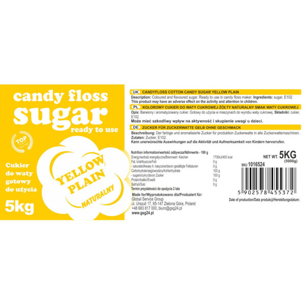 Kolorowy cukier do waty cukrowej żółty o smaku naturalnym 5kg 2 1016524 3