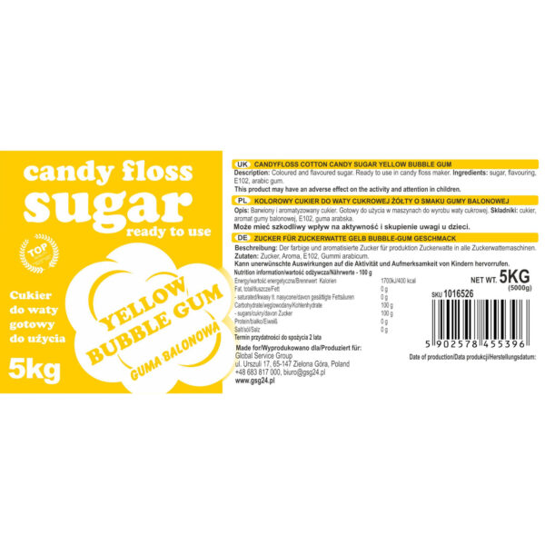 Kolorowy cukier do waty cukrowej żółty o smaku gumy balonowej 5kg 2 1016526 3