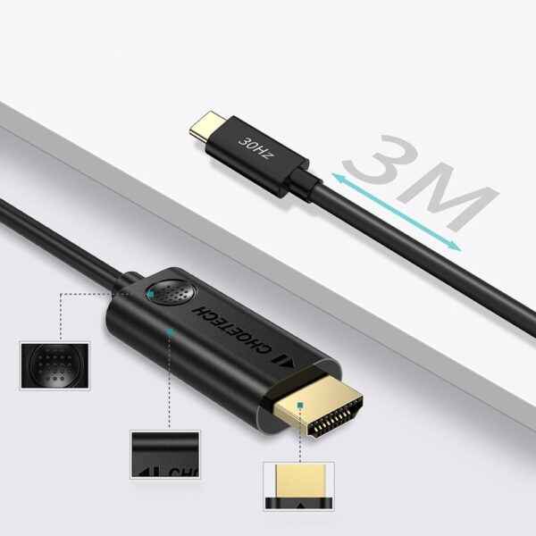 Kabel przewód USB Typ C - HDMI 4K 30Hz 3m czarny 4 1016609 5 kabel przewod usb c hdmi 4k 30hz 3 choetech hurtownia sklep