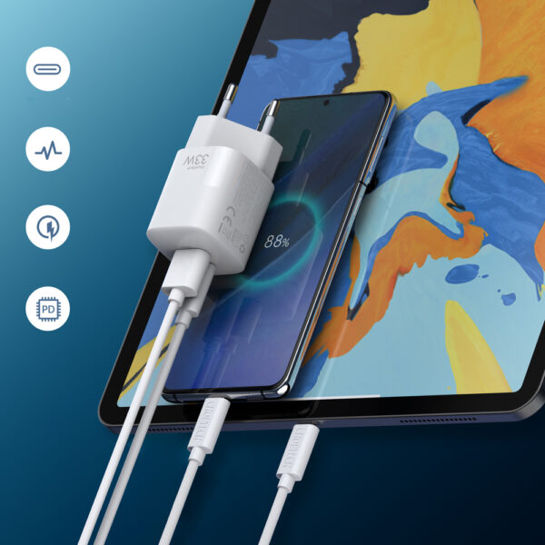 Szybka ładowarka sieciowa GaN USB Typ C PD QC 33W biała 5 1016636 6 szybka ladowarka sieciowa gan usb c choetech hurtownia sklep