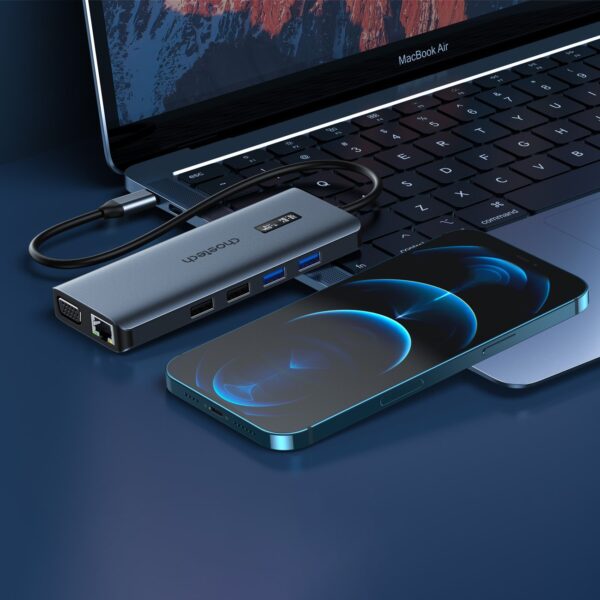 Adapter HUB wielofunkcyjny z wyświetlaczem USB-C USB-A VGA AUX SD TF 12w1 szary 3 1016708 4 adapter hub wielofunkcyjny z wyswietlacz choetech hurtownia sklep