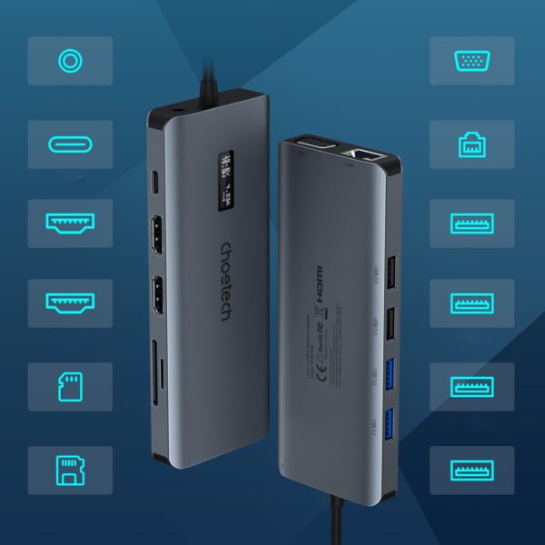 Adapter HUB wielofunkcyjny z wyświetlaczem USB-C USB-A VGA AUX SD TF 12w1 szary 8 1016708 9 adapter hub wielofunkcyjny z wyswietlacz choetech hurtownia sklep