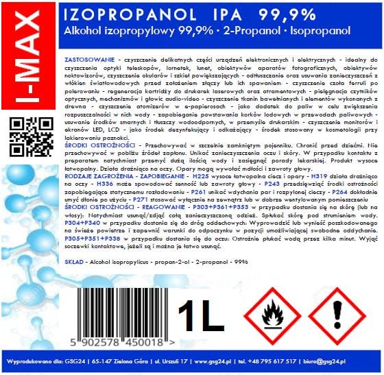 Alkohol izopropylowy Izopropanol IPA I-MAX 99,9% 1L 1 141000101