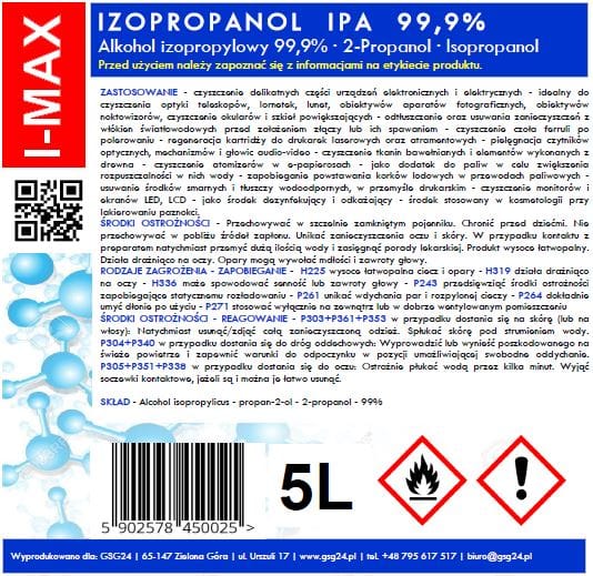 Alkohol izopropylowy Izopropanol IPA I-MAX 99,9% 5L 1 141000201