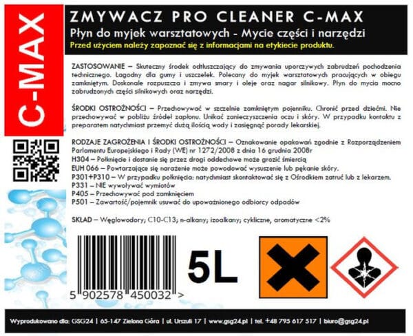 Płyn zmywacz do części i narzędzi do myjki warsztatowej PRO CLEANER C-MAX 5L 1 141000301 plyn zmywacz do myjki warsztatowej pro cleaner c max producent gsg24 1