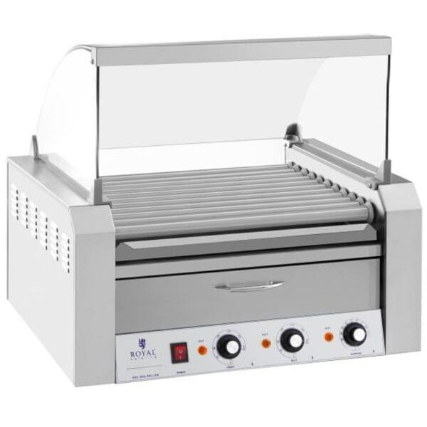 Roller grill rolkowy z osłoną i szufladą grzewczą do bułek 20 parówek HotDog 2600W 230V Royal Catering 3 1467