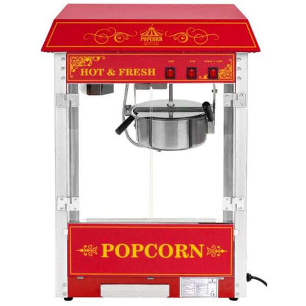 Profesjonalna wydajna maszyna do popcornu mobilna na wózku 230V 1.5kW czerwona 2 1537 3