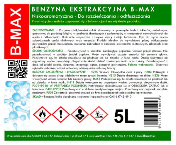 Benzyna ekstrakcyjna bezwonna B-MAX 5L 1 benzyna ekstrakcyjna producent